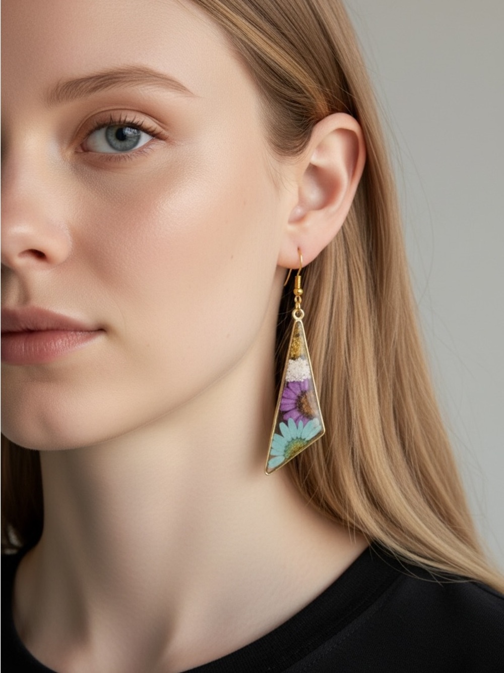 10/2 Handmade Floral Resin Triangle Drop Earrings - Gold & Multicolor